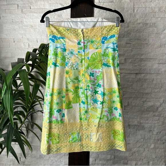 LILLY PULITZER Strapless Bowen Gator Print Patch Yellow Green Dress Size 0 - Picture 6 of 11